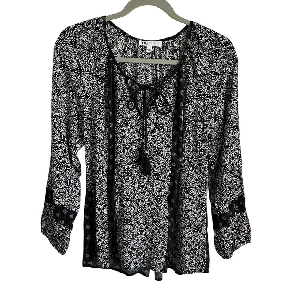 DR2 by Daniel Rainn Blouse Top Sz M Tassel Tie Neck Black White Boho Festival